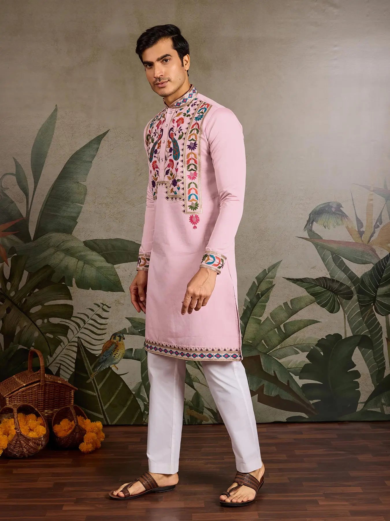 Pink Viscose Silk Thread & Sequence Embroidered Work Kurta