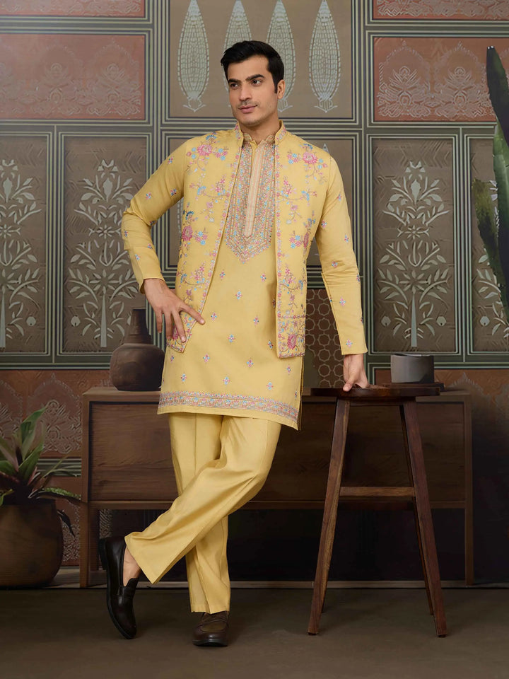 Yellow Multi Thread Sequins Embroidery Work Wedding Wear Kurta And Jacket - qivii