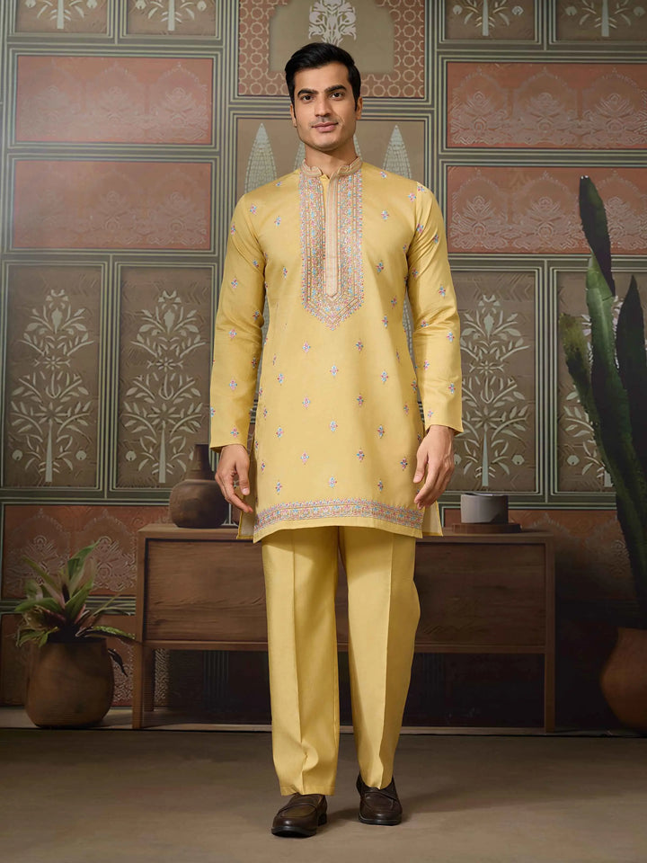 Yellow Multi Thread Sequins Embroidery Work Wedding Wear Kurta And Jacket - qivii