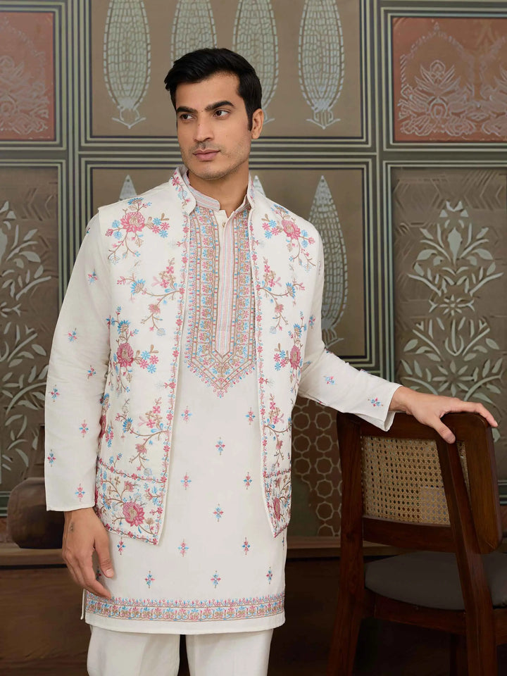 White Multi Thread Sequins Embroidery Work Wedding Wear Kurta And Jacket - qivii