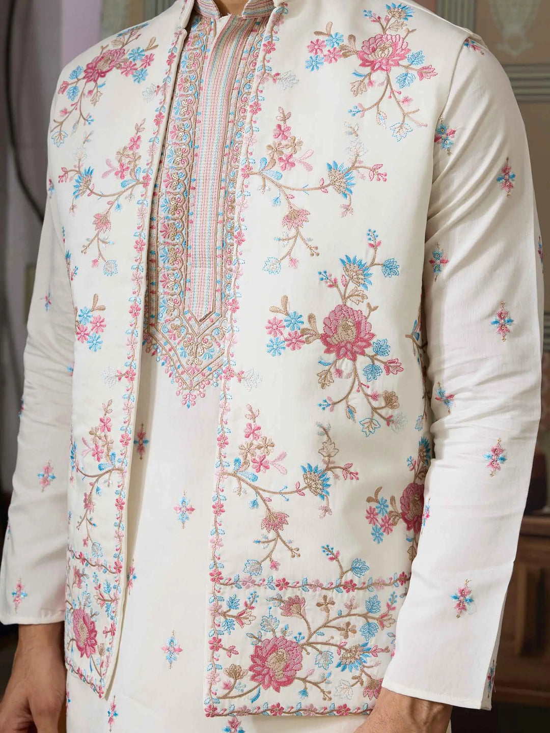 White Multi Thread Sequins Embroidery Work Wedding Wear Kurta And Jacket - qivii