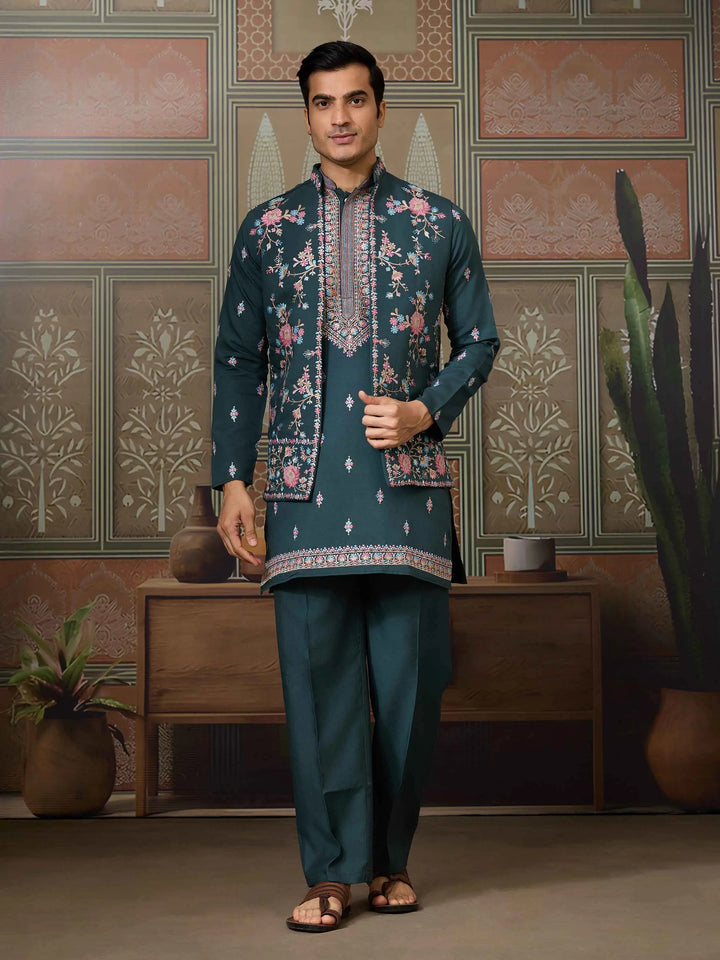 Timber Green Wedding Wear Multi Thread Sequins Embroidery Work  Kurta & Koti - qivii