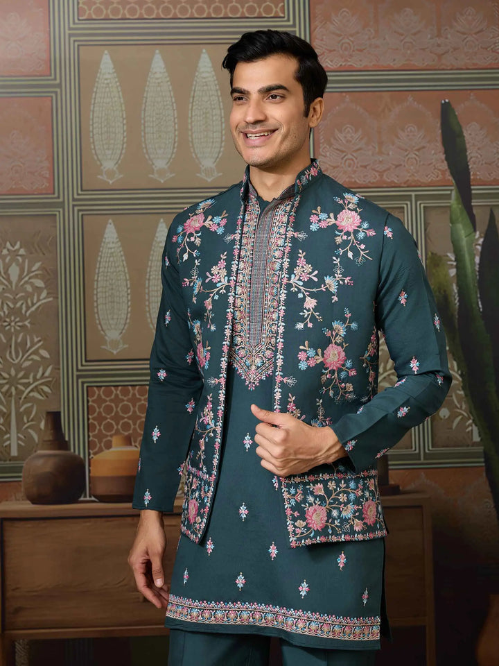 Timber Green Wedding Wear Multi Thread Sequins Embroidery Work  Kurta & Koti - qivii