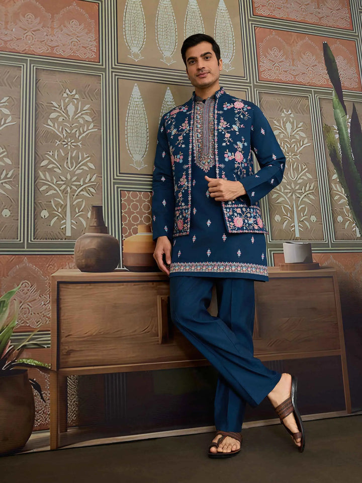 Nile Blue Multi Thread Sequins Embroidery Work Wedding Wear Kurta And Jacket - qivii