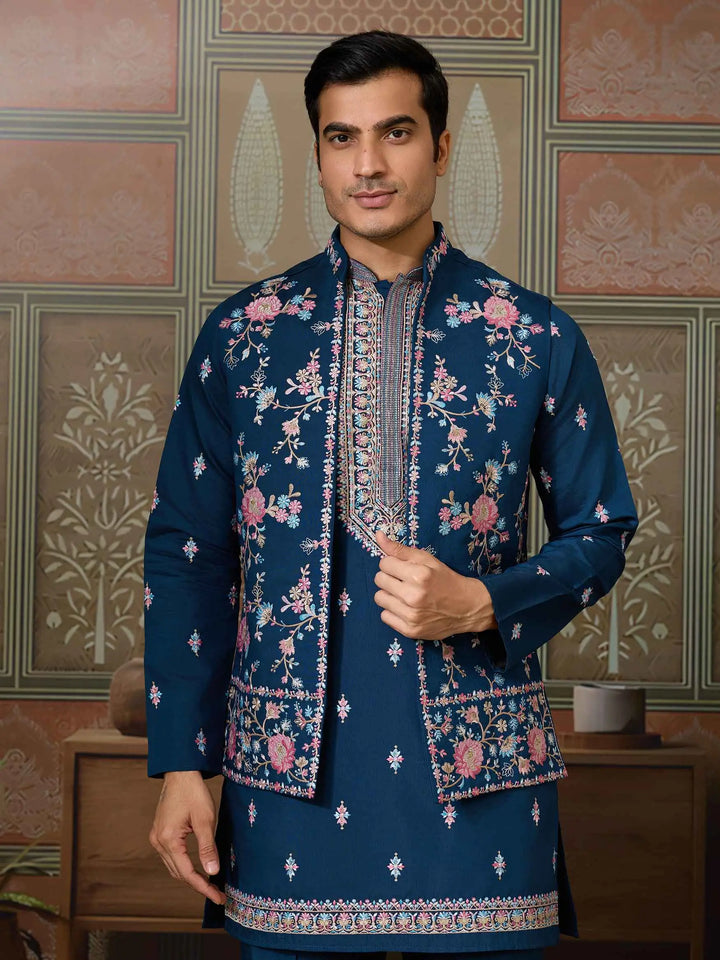 Nile Blue Multi Thread Sequins Embroidery Work Wedding Wear Kurta And Jacket - qivii