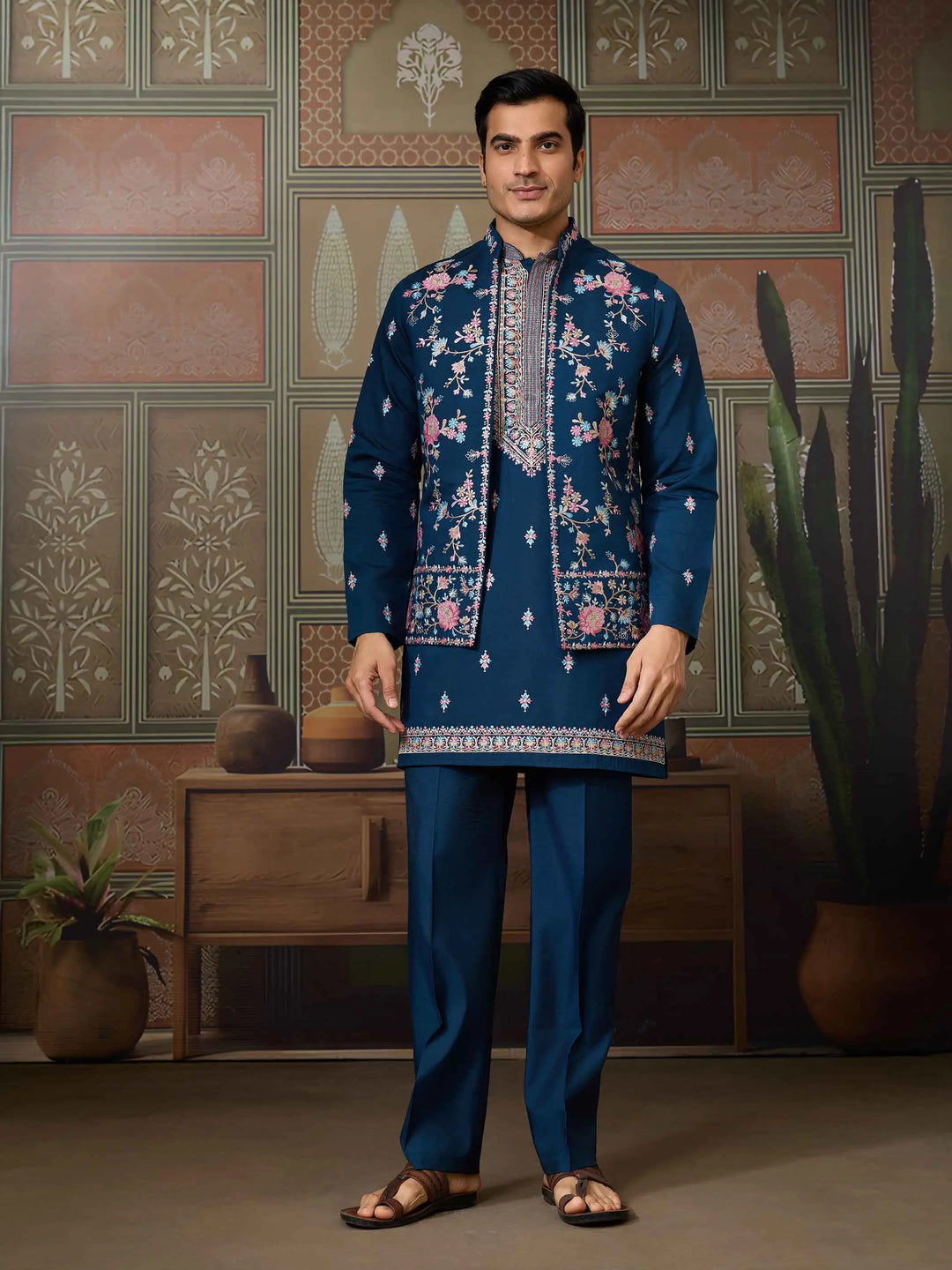 Nile Blue Multi Thread Sequins Embroidery Work Wedding Wear Kurta And Jacket - qivii