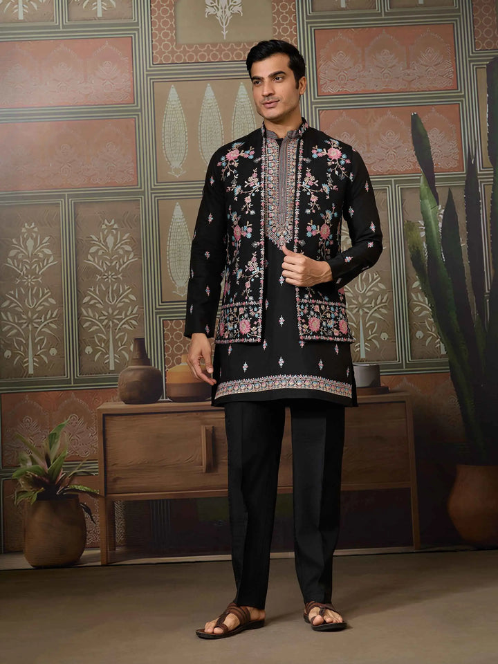 Black Multi Thread Sequins Embroidery Work Wedding Wear Kurta And Jacket - qivii