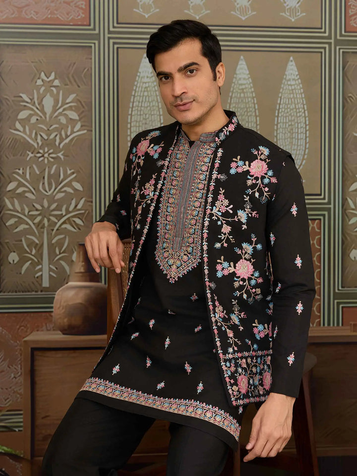 Black Multi Thread Sequins Embroidery Work Wedding Wear Kurta And Jacket - qivii