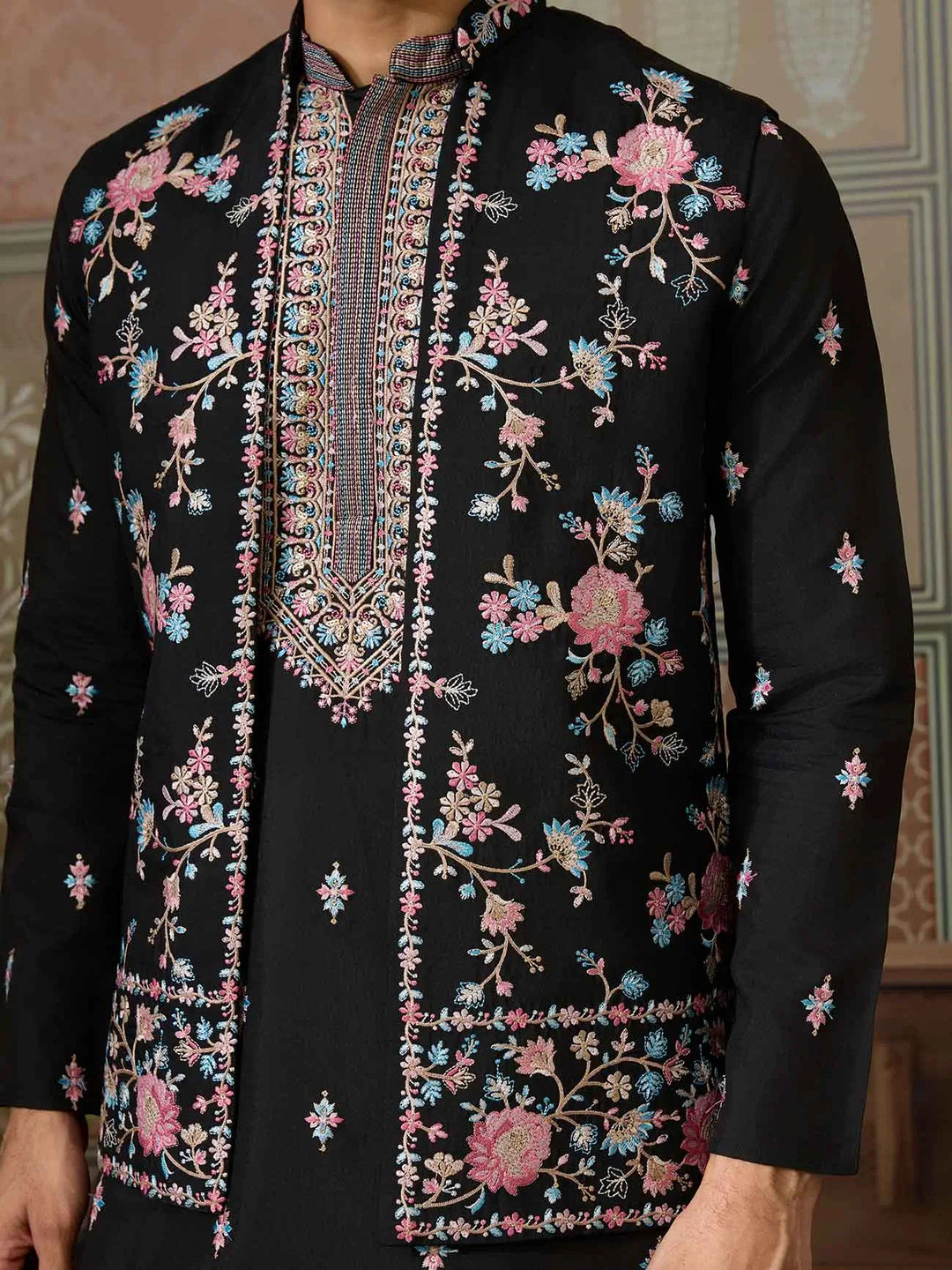 Black Multi Thread Sequins Embroidery Work Wedding Wear Kurta And Jacket - qivii