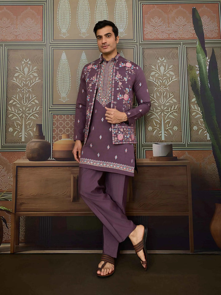 Dirty Purple Multi Thread Sequins Embroidery Work Wedding Wear Kurta And Jacket - qivii