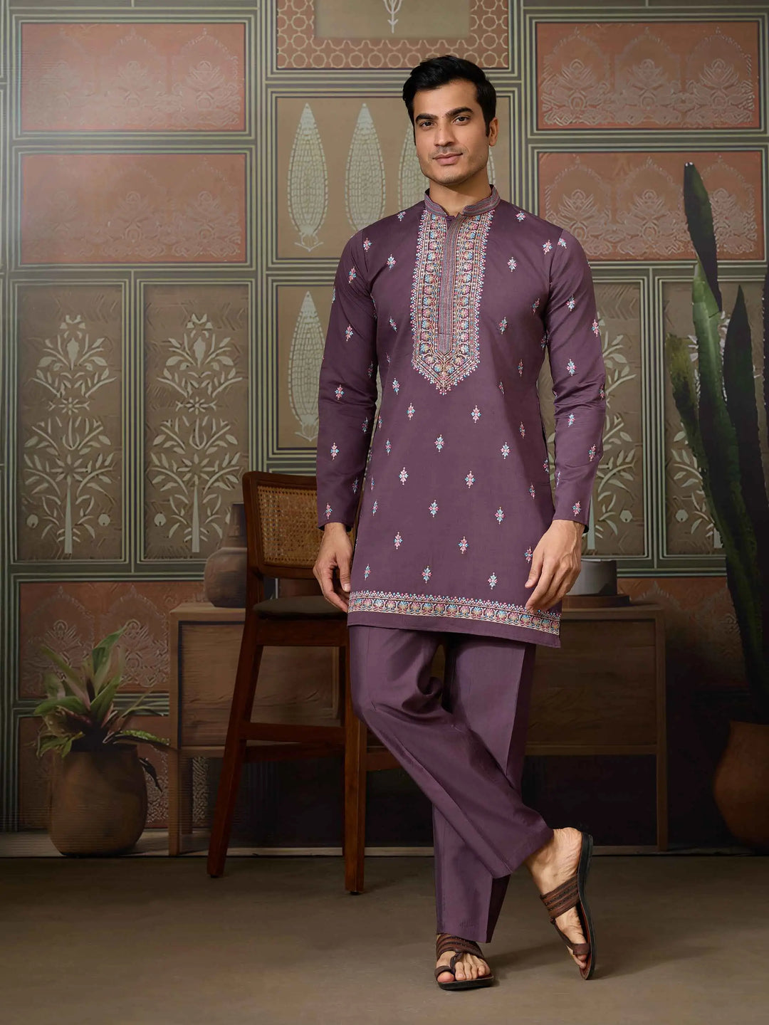 Dirty Purple Multi Thread Sequins Embroidery Work Wedding Wear Kurta And Jacket - qivii