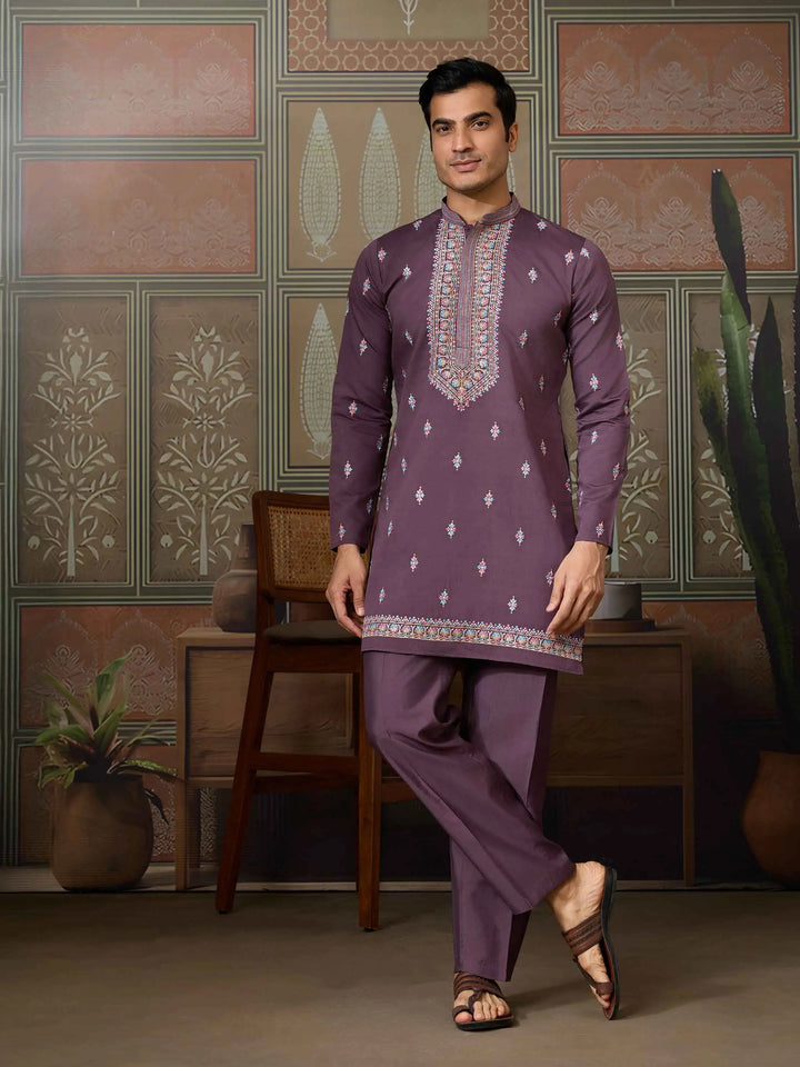 Dirty Purple Multi Thread Sequins Embroidery Work Wedding Wear Kurta And Jacket - qivii