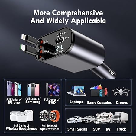 120W 4-in-1 Detachable Fast Car Charger with Built-in Cables & Smart Voltage Display