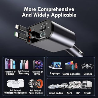 120W 4-in-1 Detachable Fast Car Charger with Built-in Cables & Smart Voltage Display