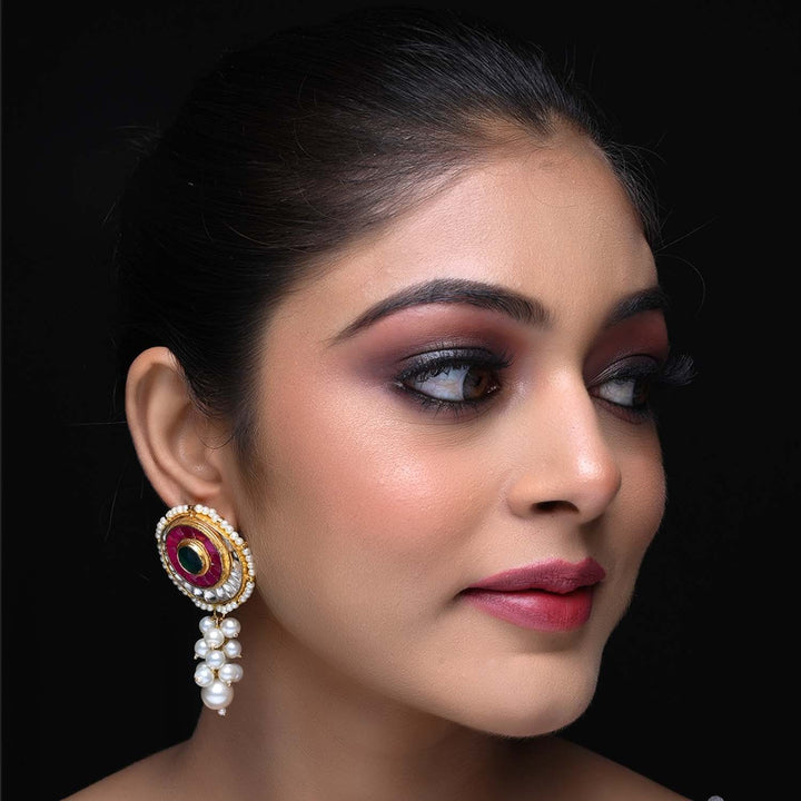 Karuna Rose Pink & Green Gold Plated Kundan Earrings with Traditional Kundan And Ruby Stones Tops And Small Beads Pearls Ling Along With Pearls Hangings - Gold Plated Brass Metal With Kundan Stones And Pearls