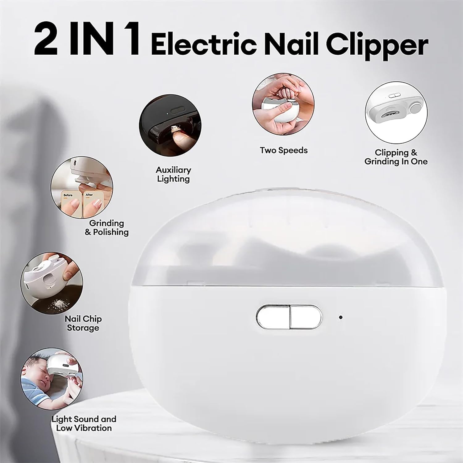 2-in-1 Electric Nail Clipper for Adults & Kids | USB Rechargeable Nail Trimmer with LED Light
