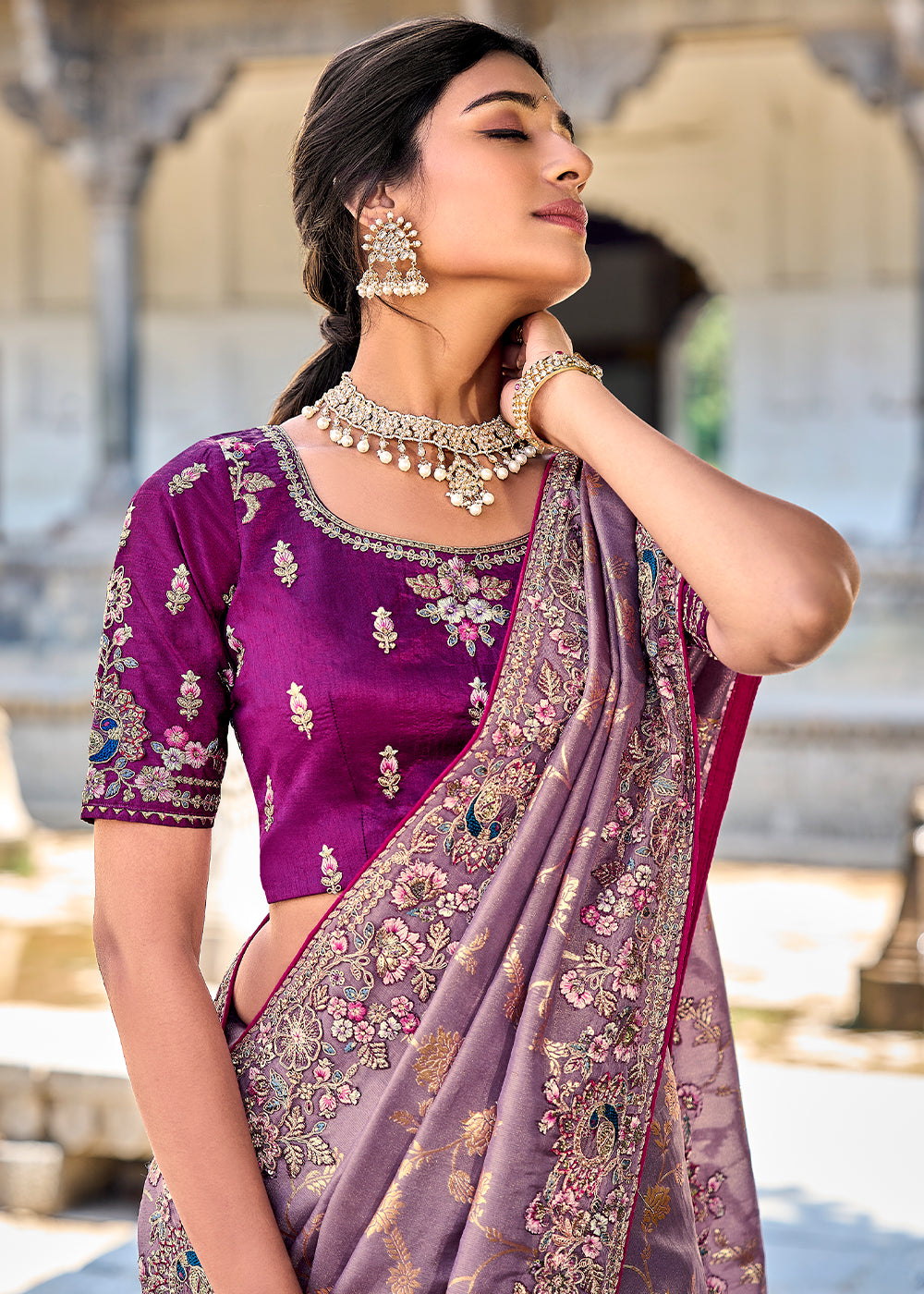Iris Purple Tissue Silk Saree with Stone & Embroidery cut Work Border(Pre-Order) - qivii