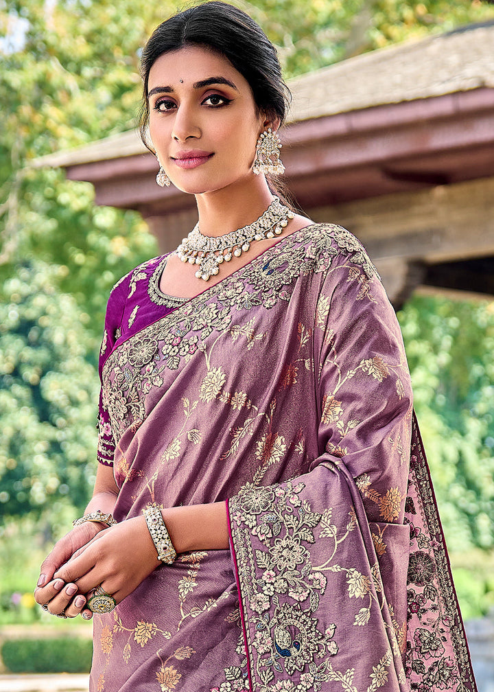Iris Purple Tissue Silk Saree with Stone & Embroidery cut Work Border(Pre-Order) - qivii