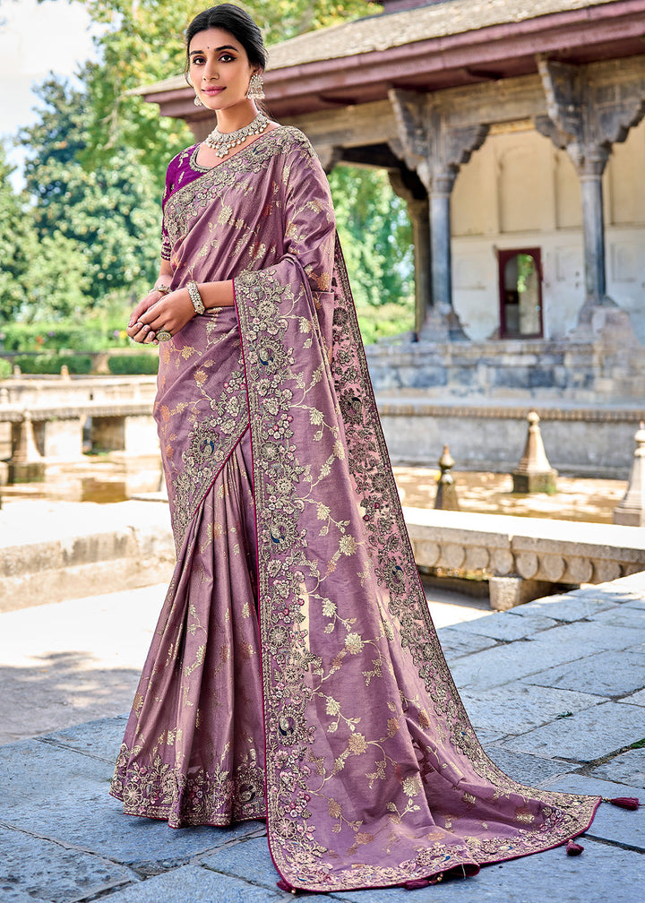 Iris Purple Tissue Silk Saree with Stone & Embroidery cut Work Border(Pre-Order) - qivii