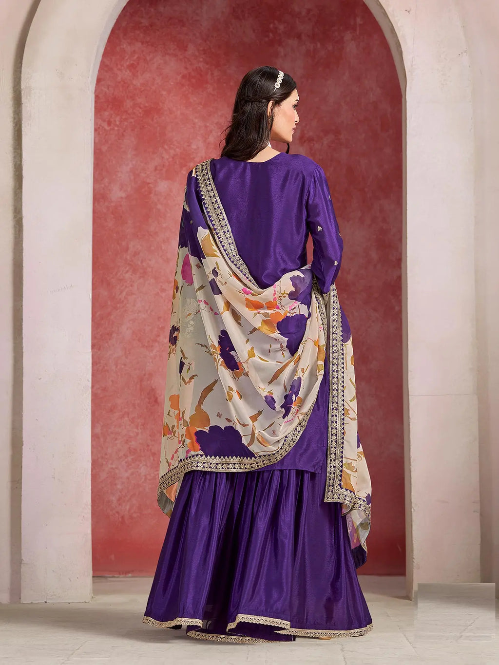 Purple Chinon Silk Sharara Set with Embroidered Top & Taby Silk Dupatta