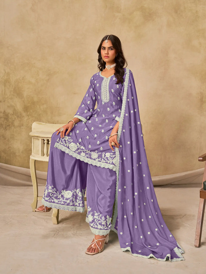 Lavender Chinon Embroidery Work Palazzo Suit - qivii