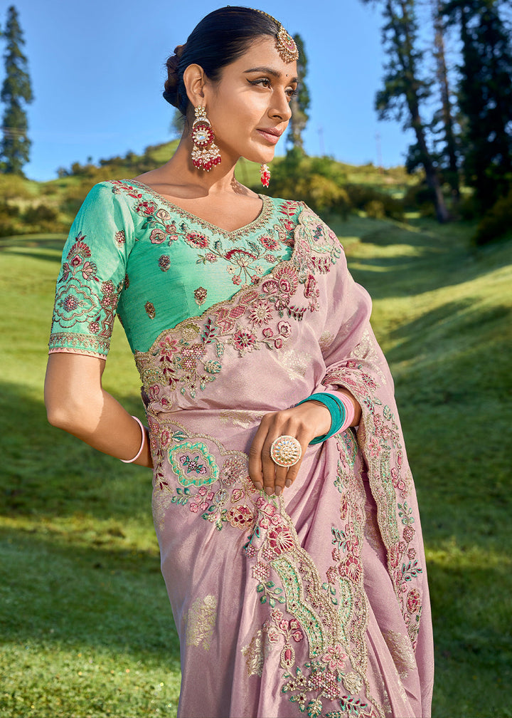 Beautiful Pink Viscose Silk Saree with Intricate Embroidery work - qivii