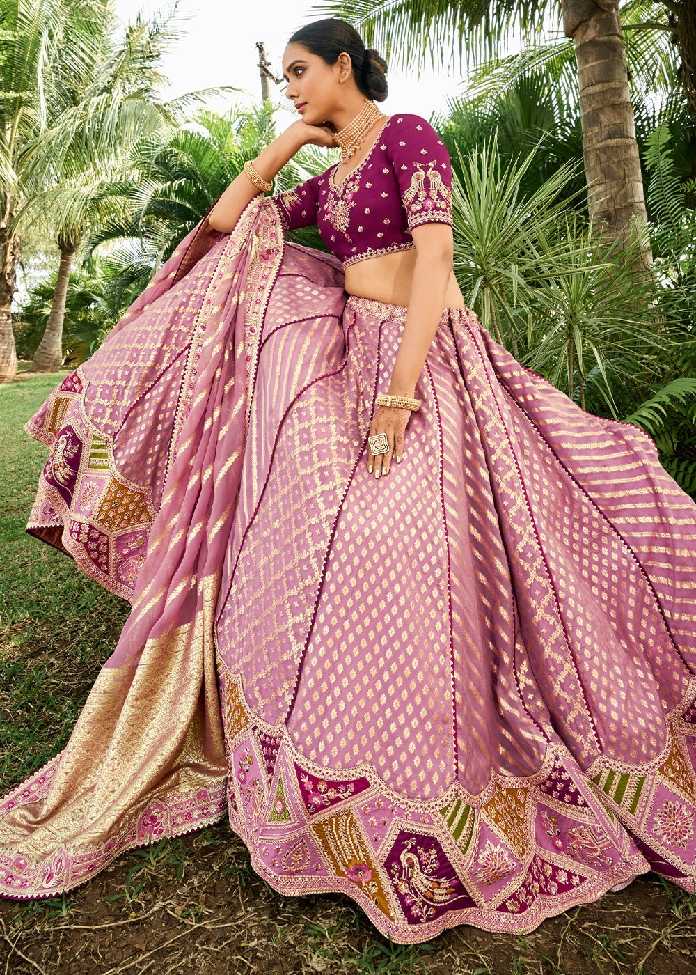 Shades Of Purple Crepe Georgette Lehenga with Embroidery, Thread work & Jacquard Butti all over | Ready To Wear - qivii