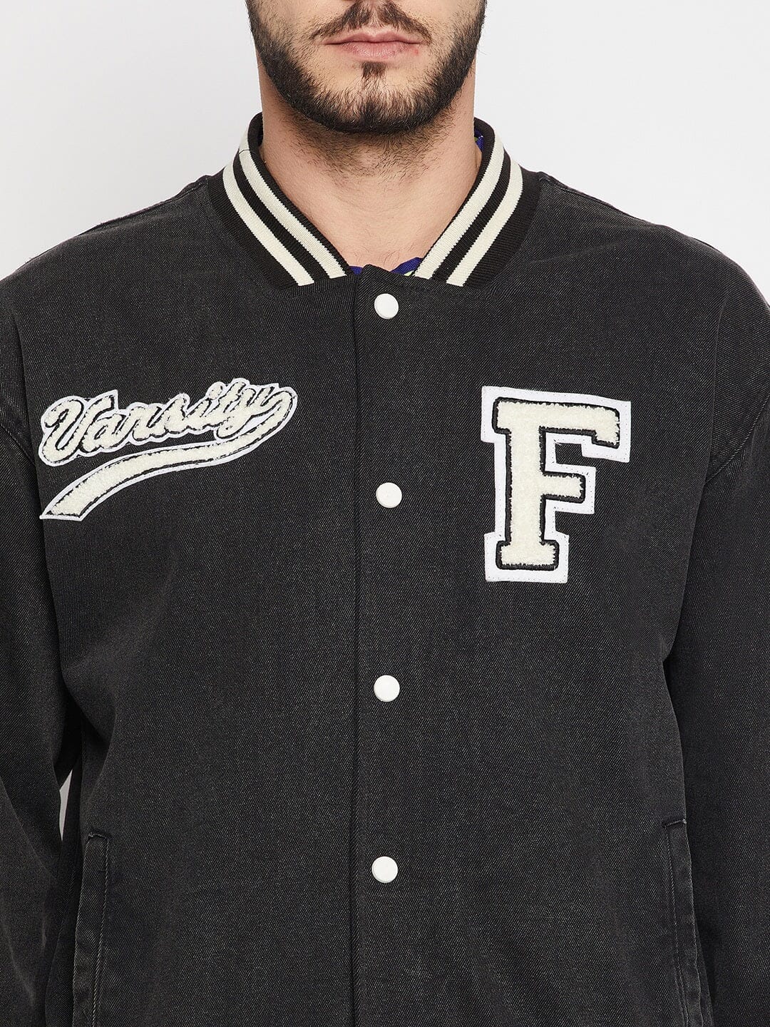 Grey Denim Varsity Jacket