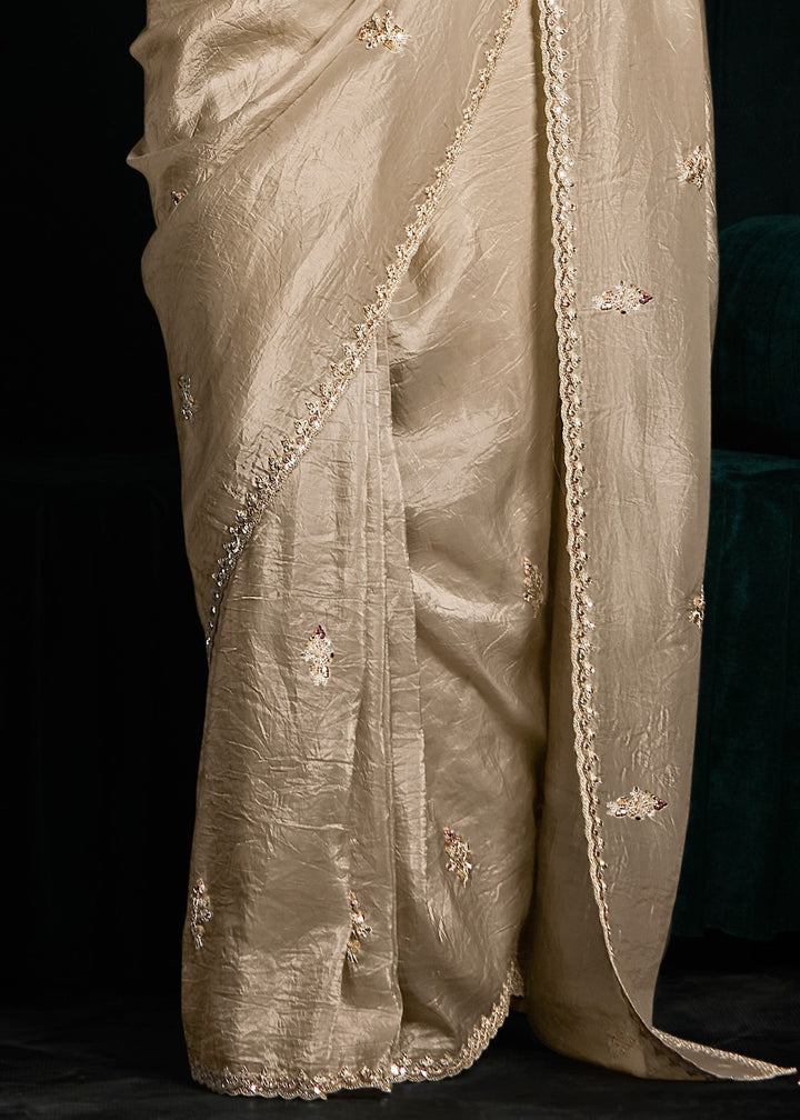 Beige Golden Fancy Fabric Silk Saree With Sequins And Thread Embroidered Butti Work - qivii