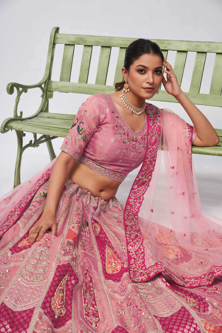 Pretty Pink paisley Motifs traditional embroidered wedding Lehenga - qivii