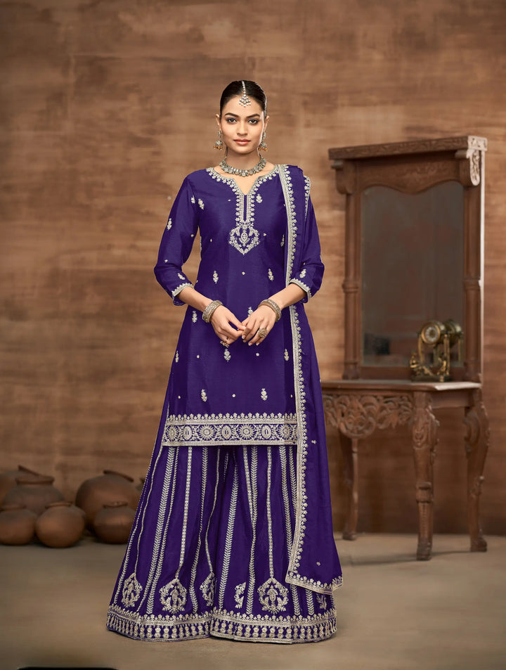 Purple Chinon Palazzo Salwar Suit With Thread & Sequins Embroidery Work - qivii