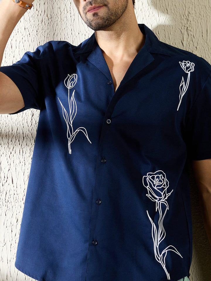 Navy Rose Embroidery Cuban Shirt
