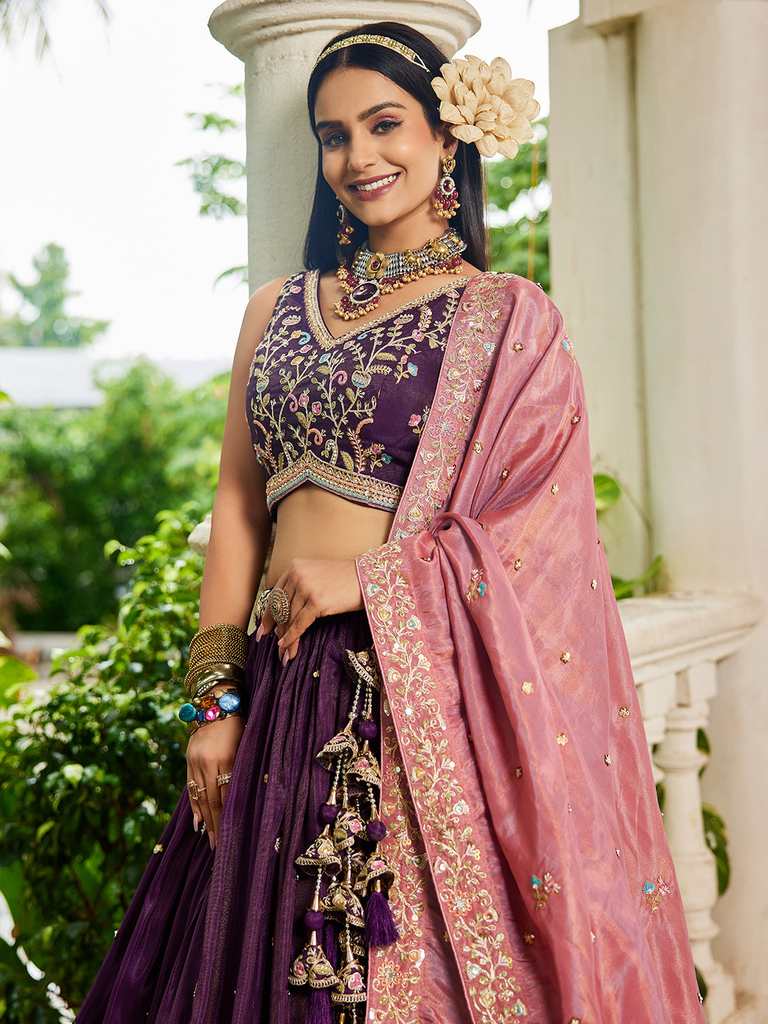 Burgundy - Satin Sequinse embroidery Semi-Stitched Lehenga choli & Dupatta - qivii