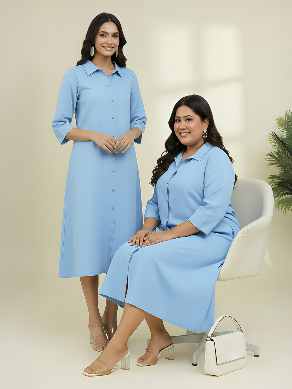 Plus Size Light Blue Cotton Solid Button Down Shirt Style A-line Dress