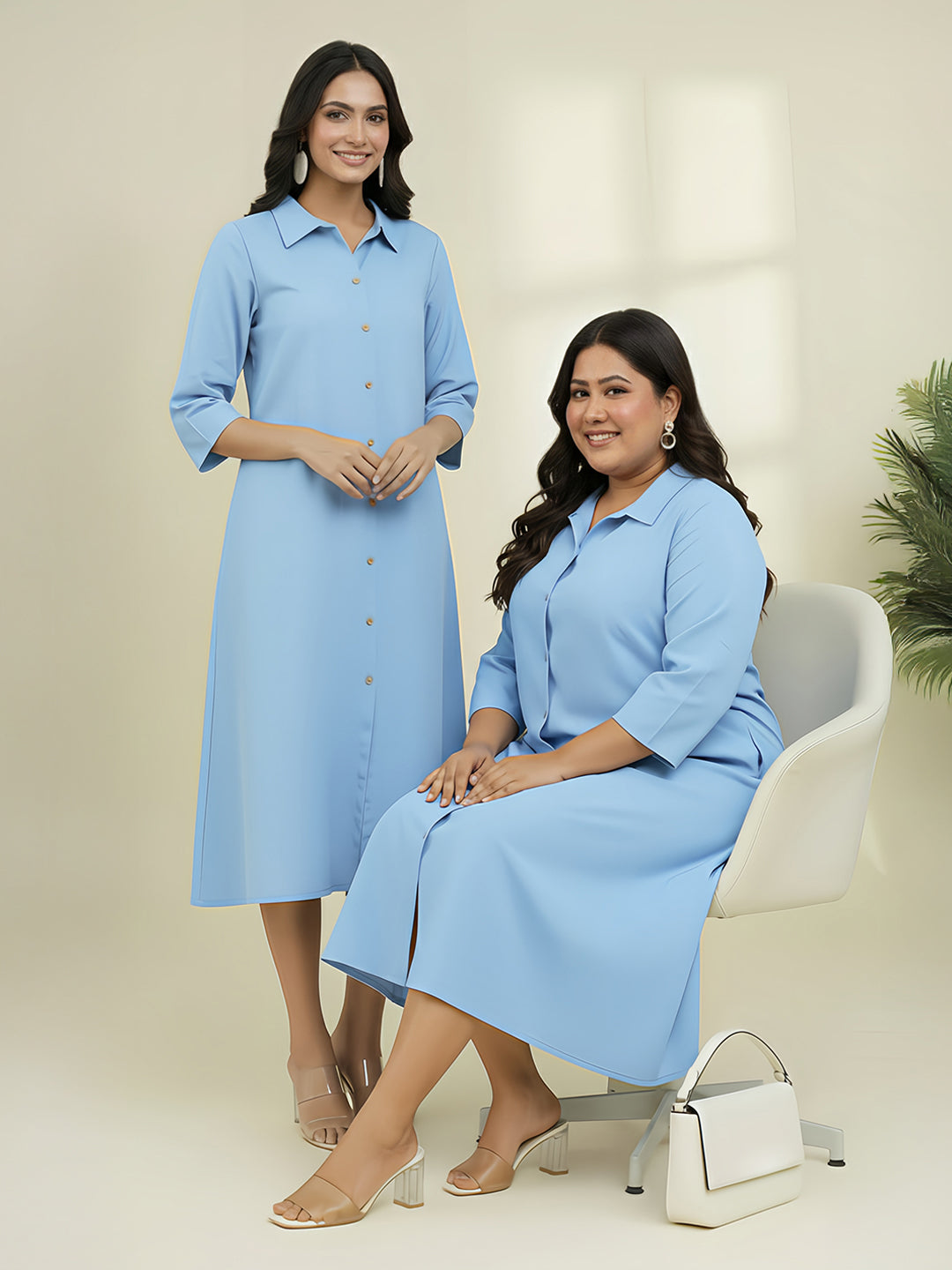 Plus Size Light Blue Cotton Solid Button Down Shirt Style A-line Dress