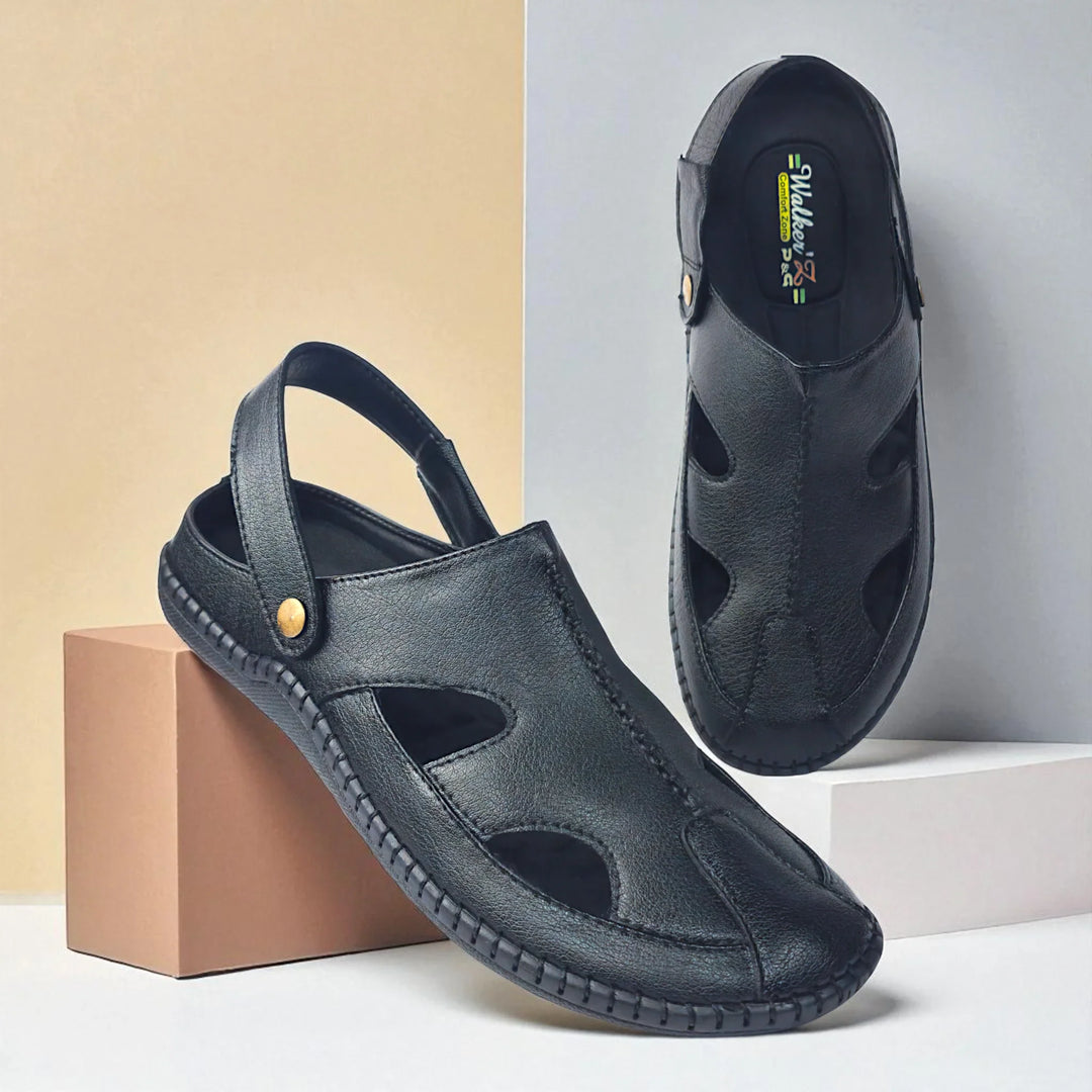 P&G 4030 Men's BLACK Slipon Sandal Extra Soft Sandal/Mojri/Ethnic Wear Leather With Adjustable Strap/Navratri Fashion Footwear. - qivii