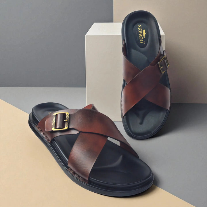 SKEROO 6408 Men's BROWN Chappal/Flip flop/Slipper Extra Soft Chappal Slipper Ethnic Wear Leather With Adjustable Buckle Strap Navratri Fashion Footwear - qivii