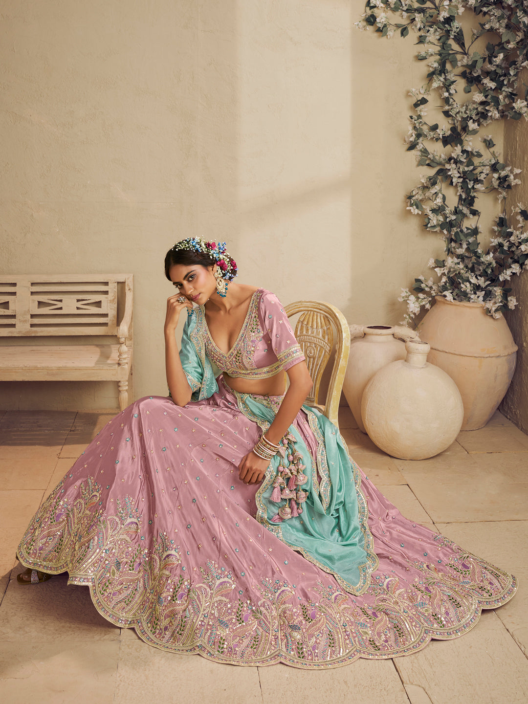 Pink Color Satin Silk Fabric Sequins embroidery Lehenga choli & Dupatta - qivii