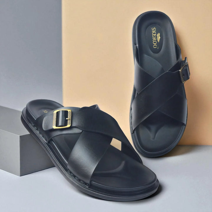 SKEROO 6408 Men's BLACK Chappal/Flip flop/Slipper Extra Soft Chappal Slipper Ethnic Wear Leather With Adjustable Buckle Strap Navratri Fashion Footwear. - qivii