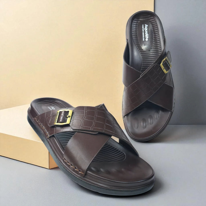 AQUALITE PG2123 BROWN Men's Chappal/Flip flop/ Slipper/Extra Soft Chappal/Slipper Ethnic Wear Leather With Adjustable Buckle Strap/Navratri Fashion Footwear. - qivii
