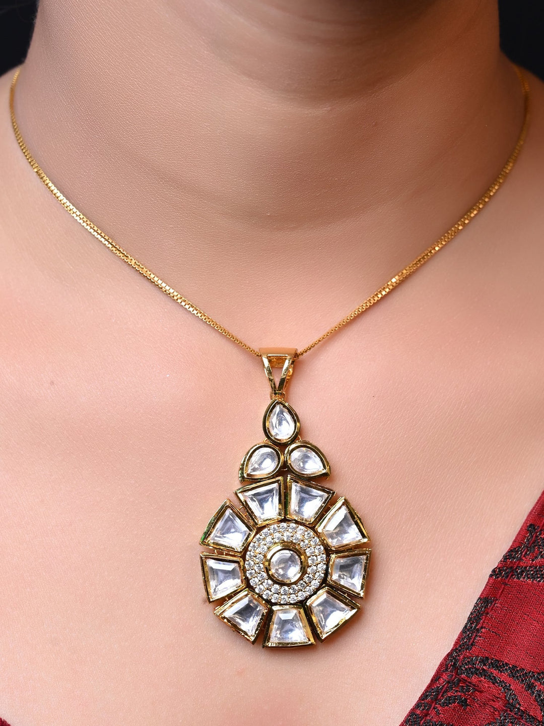  Exquisite Purnima White Kundan Pendant Set with finely detailed Kundan setting and stunning gold-plated brass tops