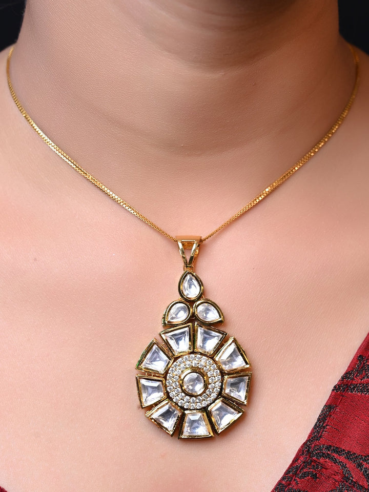  Exquisite Purnima White Kundan Pendant Set with finely detailed Kundan setting and stunning gold-plated brass tops