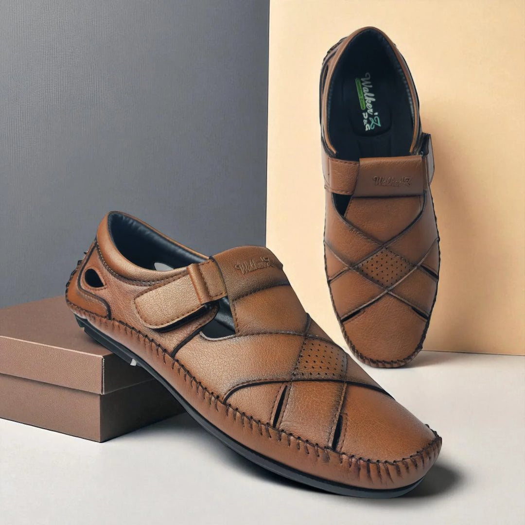 P&G N1401 Men's TAN Slipon Sandal Extra Soft Sandal/Mojri/Ethnic Wear Leather With Adjustable Strap/Navratri Fashion Footwear. - qivii