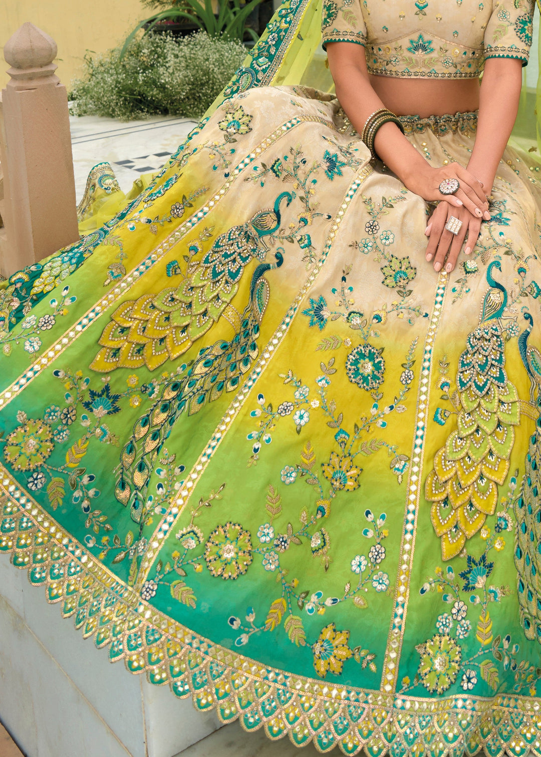 Green And White Banarasi Silk Lehenga With Heavy Embroidery Work | Ready To Wear - qivii