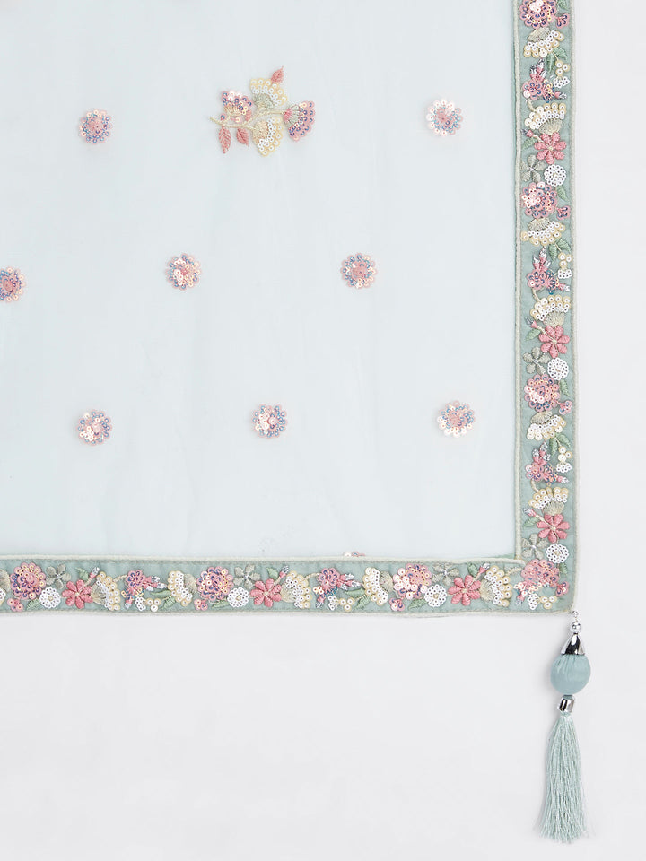 Limegreen - Multi-Sequins & Thread Work Embroidery Net Semi-Stitched Lehenga - qivii