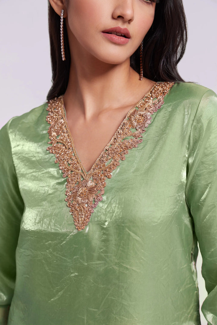 Pista Green Pure Organza Salwar Suit With Handwork - qivii