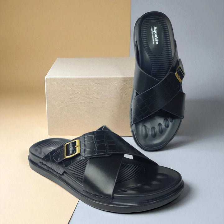 AQUALITE PG2123 BLACK Men's Chappal/Flip flop/ Slipper/Extra Soft Chappal/Slipper Ethnic Wear Leather With Adjustable Buckle Strap/Navratri Fashion Footwear. - qivii