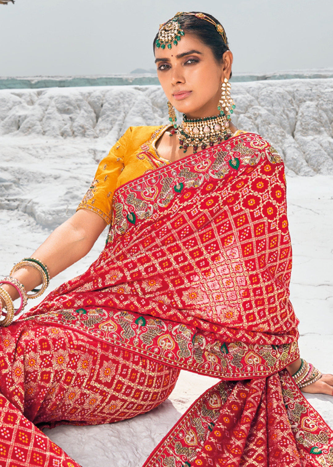 Crimson Red Pure Georgette Bandhani Patola With Zari Weaving Heavy Work Saree - qivii