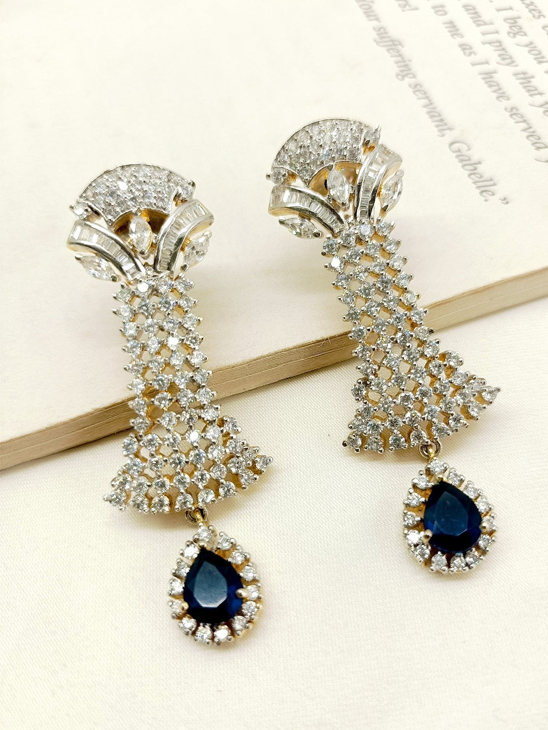 Gold plated American diamond earrings with semi-precious blue sapphire stone 