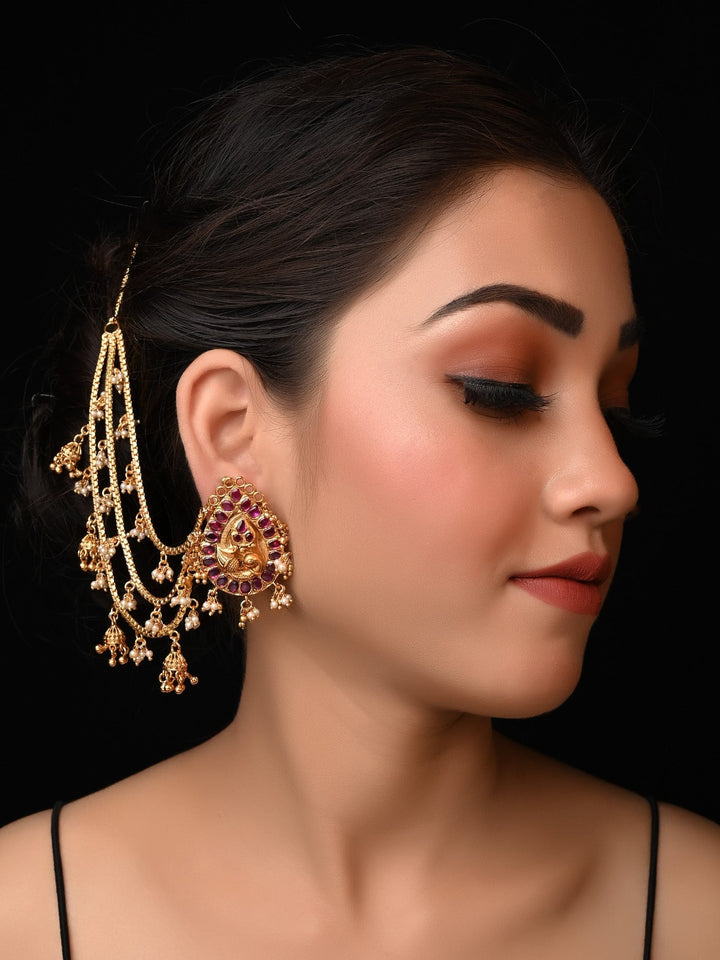 Jenny Rose Pink Antique Temple Chain Earrings with Three Strings Gold Chain and Pearl Drops